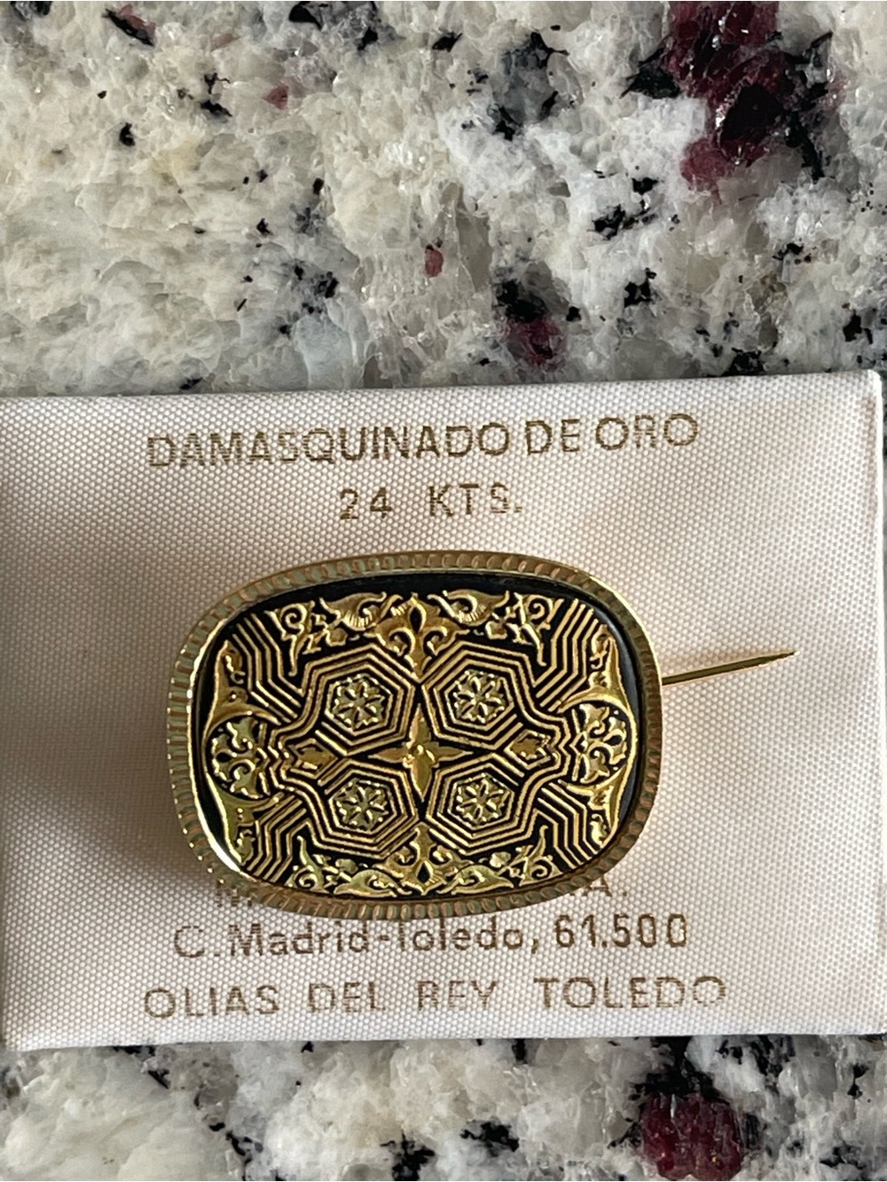 Vintage Spanish Damascene Brooch 24K Gold Inlay – Authentic Geometric Toledo Pin